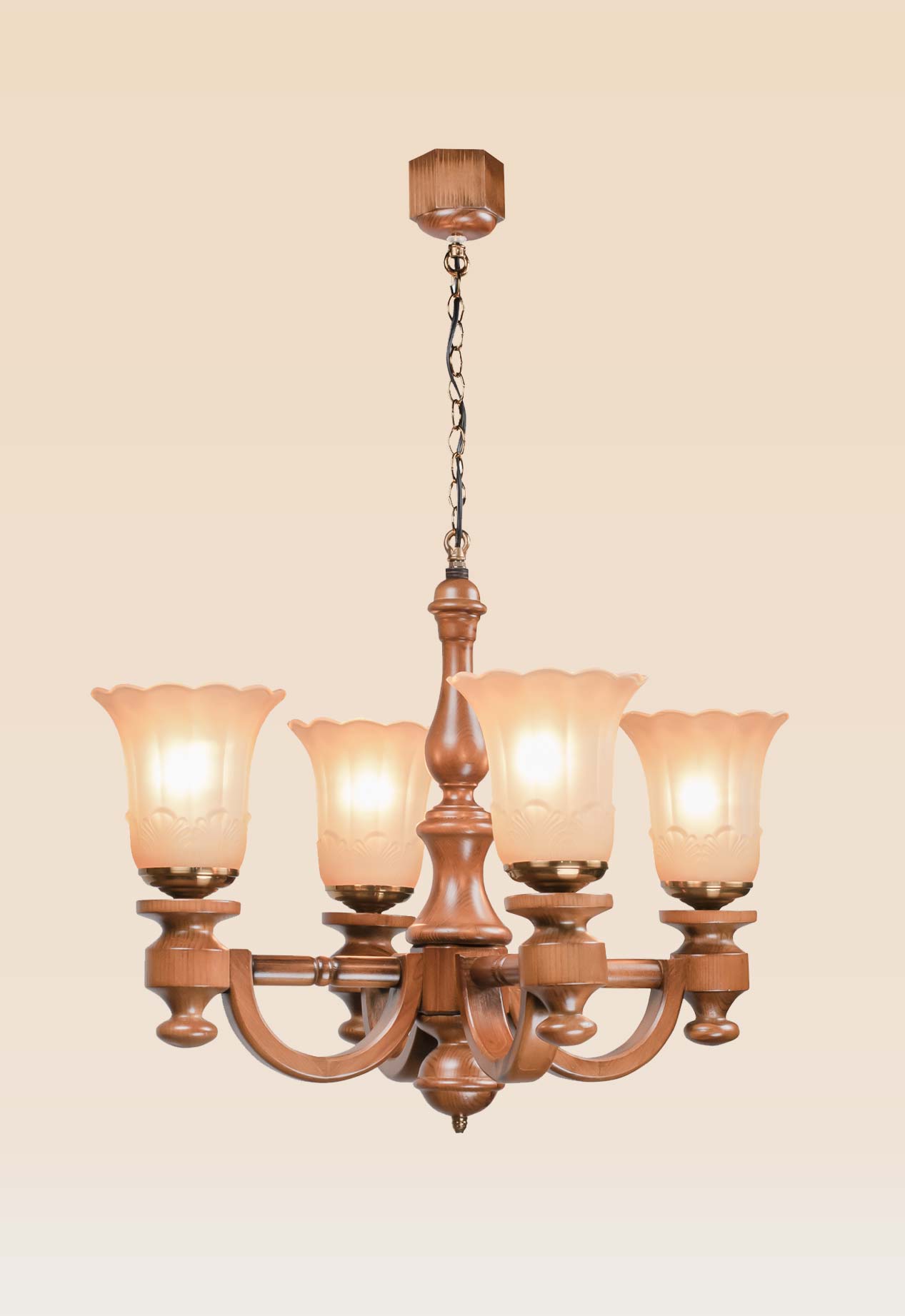 wooden-chandelier-warm-light-dubai-checkmark-241a4- Traditional wooden chandelier with 4 floral frosted glass lights – Checkmark 241A-4-side-view