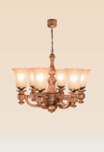 Wooden chandelier model 241a6 with six curved arms and frosted floral glass shades, suspended by chain from a carved ceiling cup – traditional design by Checkmark-side-view