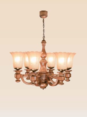 Wooden chandelier model 241a6 with six curved arms and frosted floral glass shades, suspended by chain from a carved ceiling cup – traditional design by Checkmark-side-view