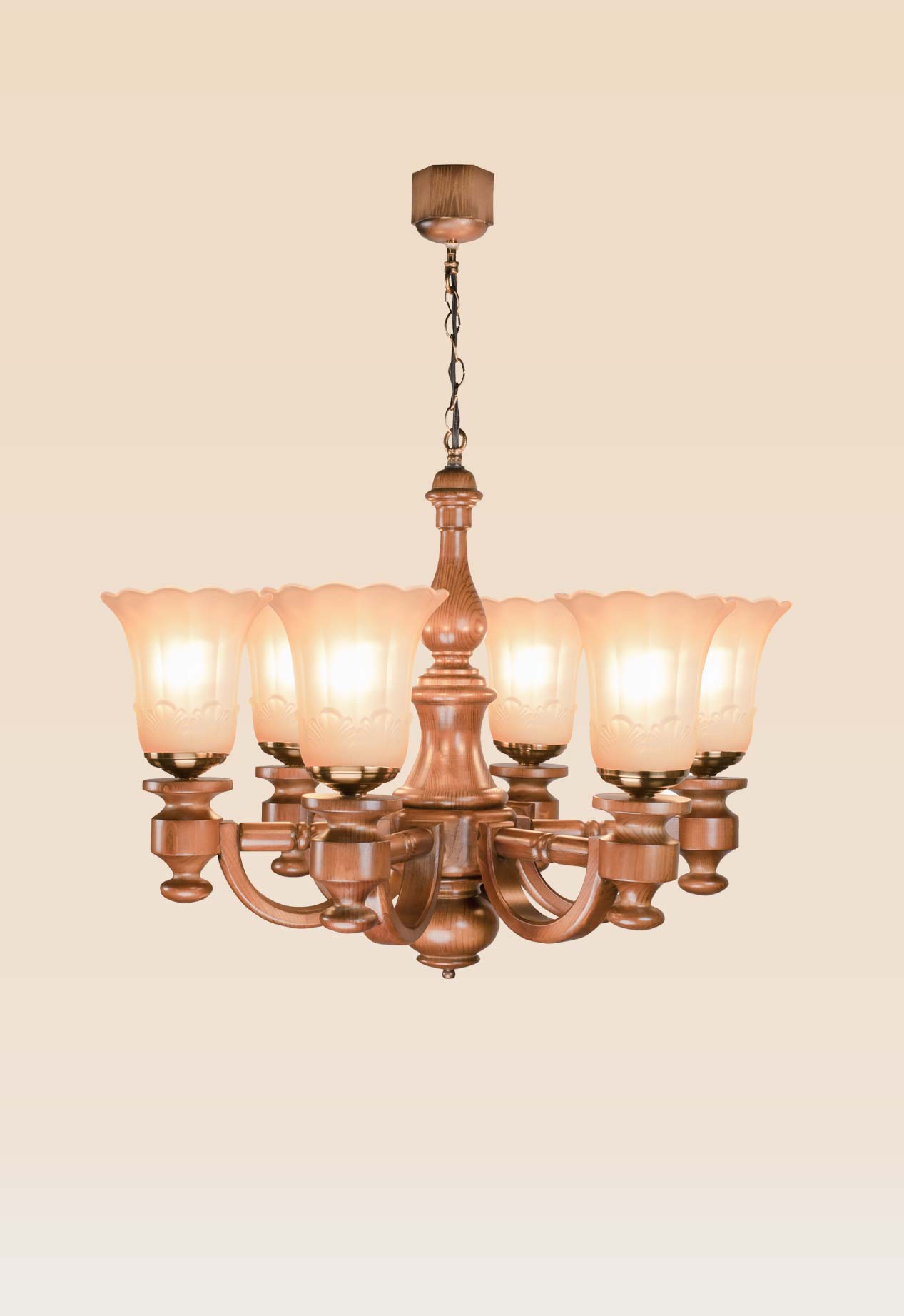 wooden-chandelier-warm-light-dubai-checkmark-241a6- Wooden chandelier model 241a6 with six curved arms and frosted floral glass shades, suspended by chain from a carved ceiling cup – traditional design by Checkmark-side-view