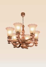 Wooden chandelier model 241a6 with six curved arms and frosted floral glass shades, suspended by chain from a carved ceiling cup – traditional design by Checkmark
