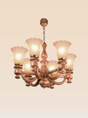 Wooden chandelier model 241a6 with six curved arms and frosted floral glass shades, suspended by chain from a carved ceiling cup – traditional design by Checkmark