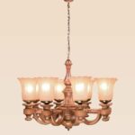 Classic chandelier model 241a8 with eight curved wooden arms, frosted tulip glass shades, and vintage brass accents — traditional ceiling light by Checkmark.-side-view