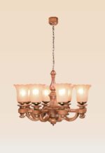 Classic chandelier model 241a8 with eight curved wooden arms, frosted tulip glass shades, and vintage brass accents — traditional ceiling light by Checkmark.-side-view