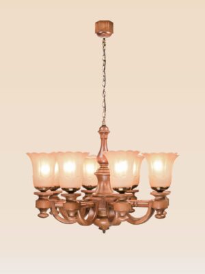 Classic chandelier model 241a8 with eight curved wooden arms, frosted tulip glass shades, and vintage brass accents — traditional ceiling light by Checkmark.-side-view