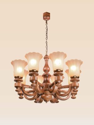Classic chandelier model 241a8 with eight curved wooden arms, frosted tulip glass shades, and vintage brass accents — traditional ceiling light by Checkmark.