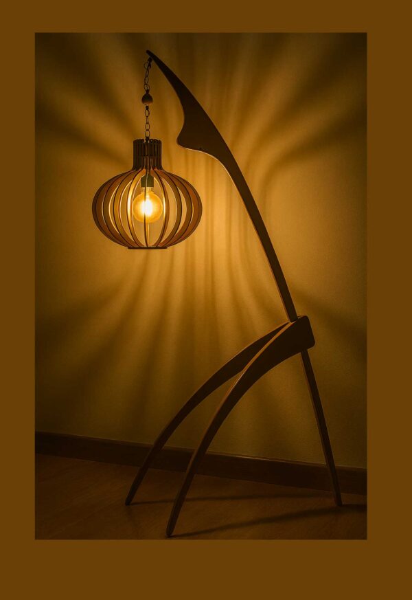 Decorative wooden floor lamp model 601 with handcrafted wood frame and woven cylindrical fabric shades – ideal for ambient indoor lighting-light on