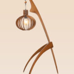 Decorative wooden floor lamp model 601 with handcrafted wood frame and woven cylindrical fabric shades – ideal for ambient indoor lighting