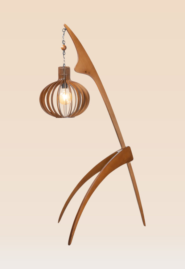 Decorative wooden floor lamp model 601 with handcrafted wood frame and woven cylindrical fabric shades – ideal for ambient indoor lighting