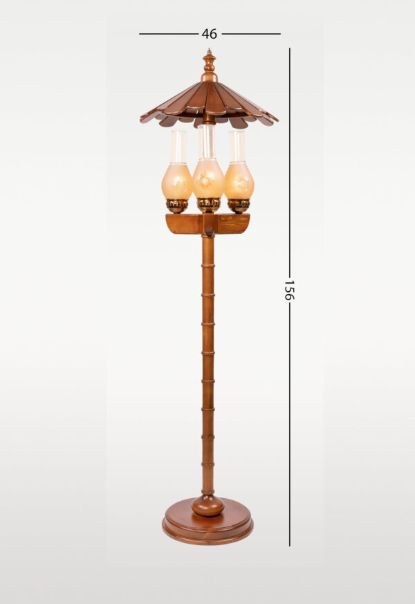 Vintage-style decorative wooden floor lamp model 602 with umbrella-shaped canopy and three lantern-style light holders – handcrafted for ambient home lighting -with dimensions