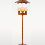 Vintage-style decorative wooden floor lamp model 602 with umbrella-shaped canopy and three lantern-style light holders – handcrafted for ambient home lighting