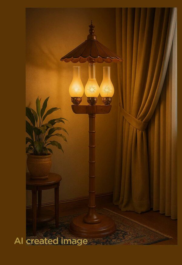Vintage-style decorative wooden floor lamp model 602 with umbrella-shaped canopy and three lantern-style light holders – handcrafted for ambient home lighting -with dimensions-light on