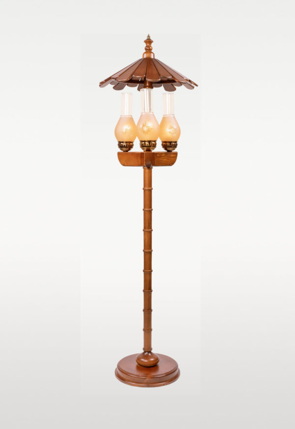 Vintage-style decorative wooden floor lamp model 602 with umbrella-shaped canopy and three lantern-style light holders – handcrafted for ambient home lighting