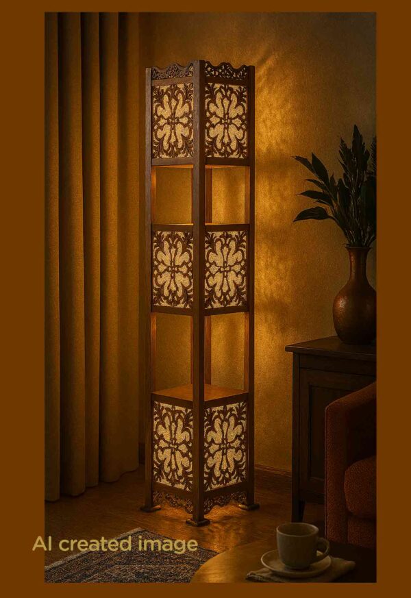 Wooden floor lamp model 603 with three illuminated cube panels and intricate carved wood design – decorative ambient lighting and functional shelf -light on