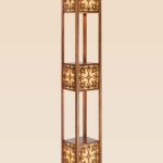 Wooden floor lamp model 603 with three illuminated cube panels and intricate carved wood design – decorative ambient lighting and functional shelf