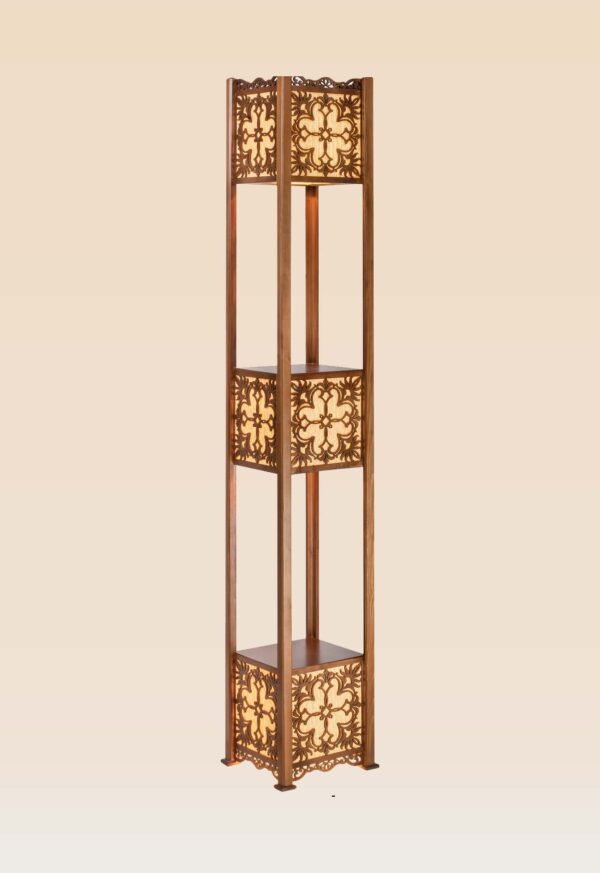 Wooden floor lamp model 603 with three illuminated cube panels and intricate carved wood design – decorative ambient lighting and functional shelf