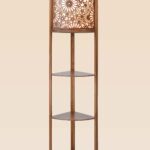 Decorative wooden floor lamp model 604 with floral carved lighting panel and three corner-fit shelves – handcrafted ambient lighting for cozy interiors