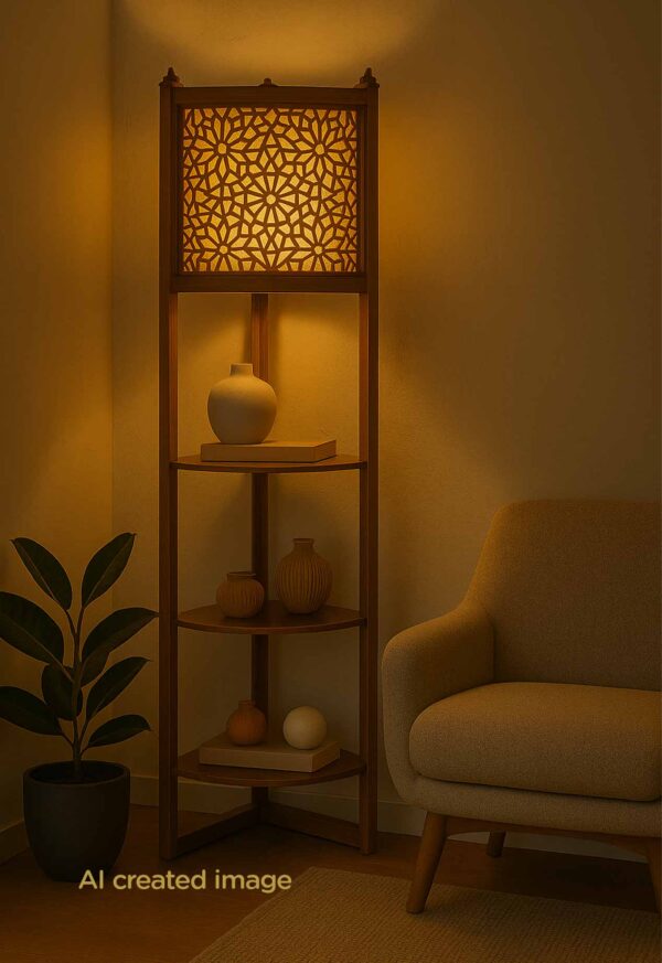 Corner wooden floor lamp model 604 with geometric carved light panel and three triangular wooden shelves – decorative and functional lighting-with light