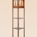 Wooden floor lamp model 604-2 with arched window light panel and three triangular corner shelves – decorative and functional lighting
