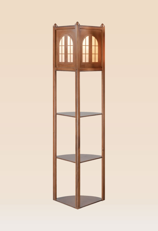 Wooden floor lamp model 604-2 with arched window light panel and three triangular corner shelves – decorative and functional lighting