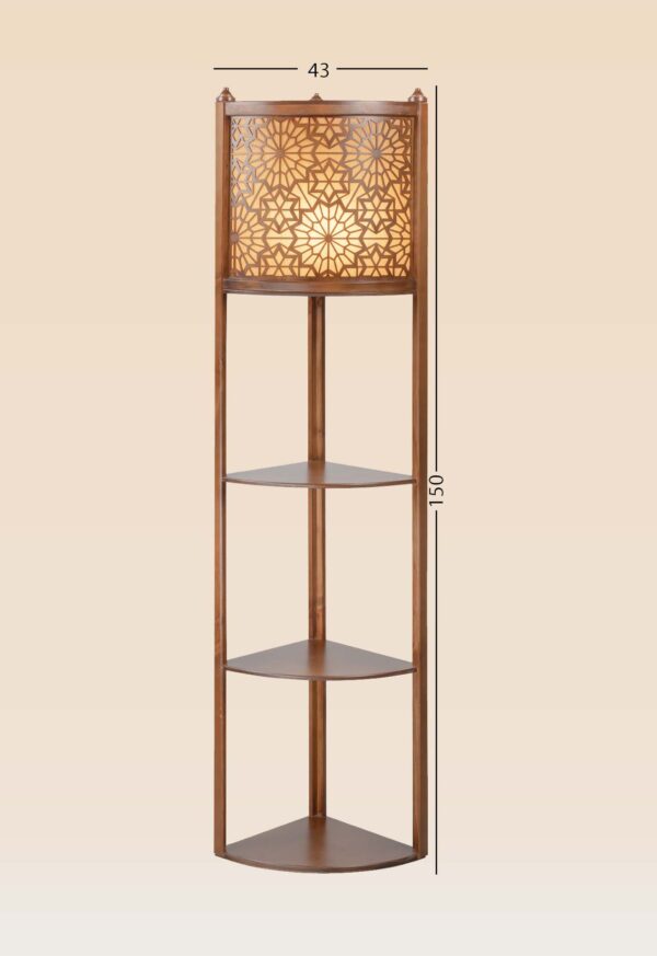 Corner wooden floor lamp model 604 with geometric carved light panel and three triangular wooden shelves – decorative and functional lighting-with size