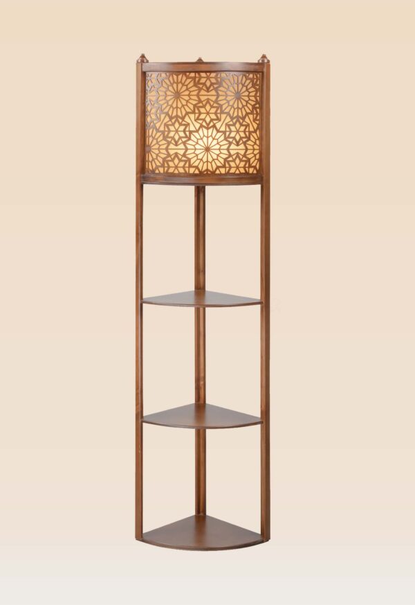 Corner wooden floor lamp model 604 with geometric carved light panel and three triangular wooden shelves – decorative and functional lighting