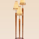 Wooden floor lamp model 606 with three bamboo-style stands and textured cone shades – compact decorative floor lamp with natural wood finish