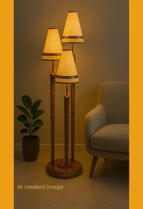 Wooden floor lamp model 606 with three bamboo-style stands and textured cone shades – compact decorative floor lamp with natural wood finish-light on