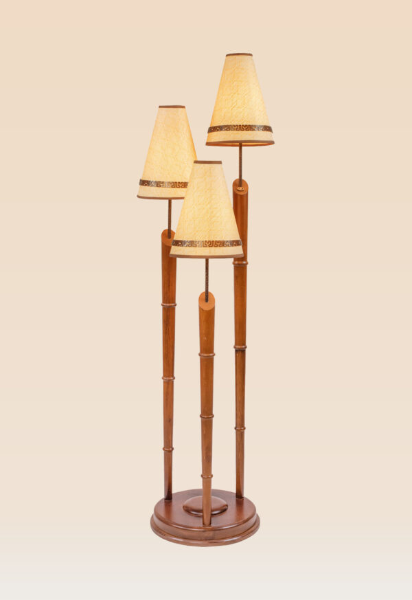 Wooden floor lamp model 606 with three bamboo-style stands and textured cone shades – compact decorative floor lamp with natural wood finish