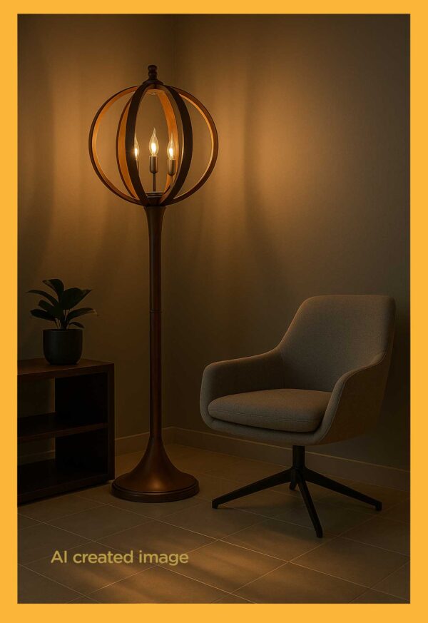 Wooden floor lamp model 607 with spherical cage design and flared base, 159 cm tall and 41 cm wide — sculptural lighting for luxury interior decor-light on