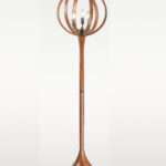 Wooden floor lamp model 607 with spherical cage design and flared base, 159 cm tall and 41 cm wide — sculptural lighting for luxury interior decor