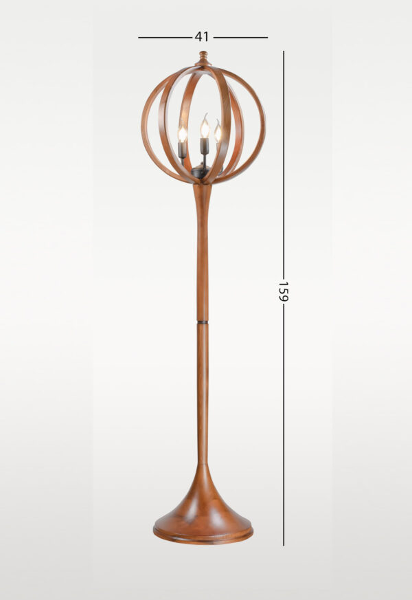 Wooden floor lamp model 607 with spherical cage design and flared base, 159 cm tall and 41 cm wide — sculptural lighting for luxury interior decor-with dimensions