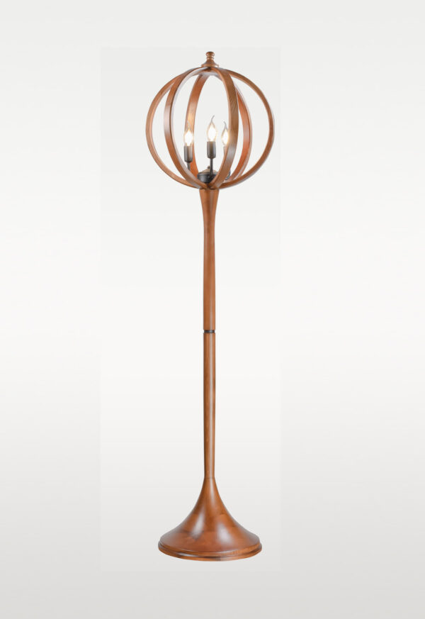 Wooden floor lamp model 607 with spherical cage design and flared base, 159 cm tall and 41 cm wide — sculptural lighting for luxury interior decor