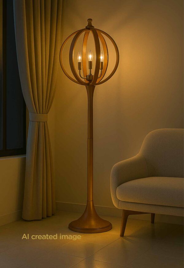 Wooden floor lamp model 607G with golden-finished candle-style holders, globe-shaped head, and trumpet base -light on