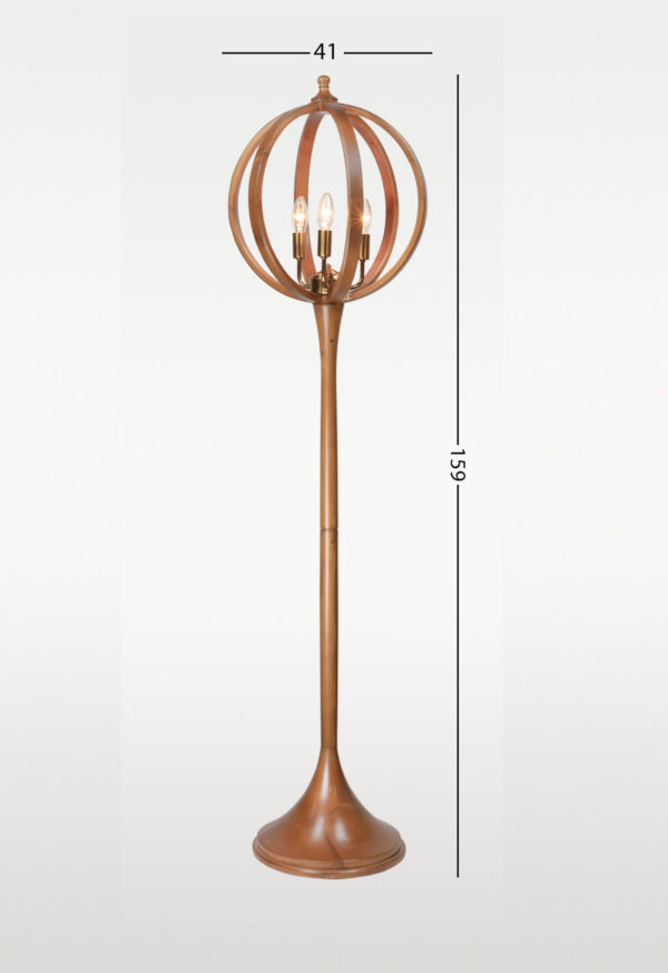 Wooden floor lamp model 607G with golden-finished candle-style holders, globe-shaped head, and trumpet base -with size