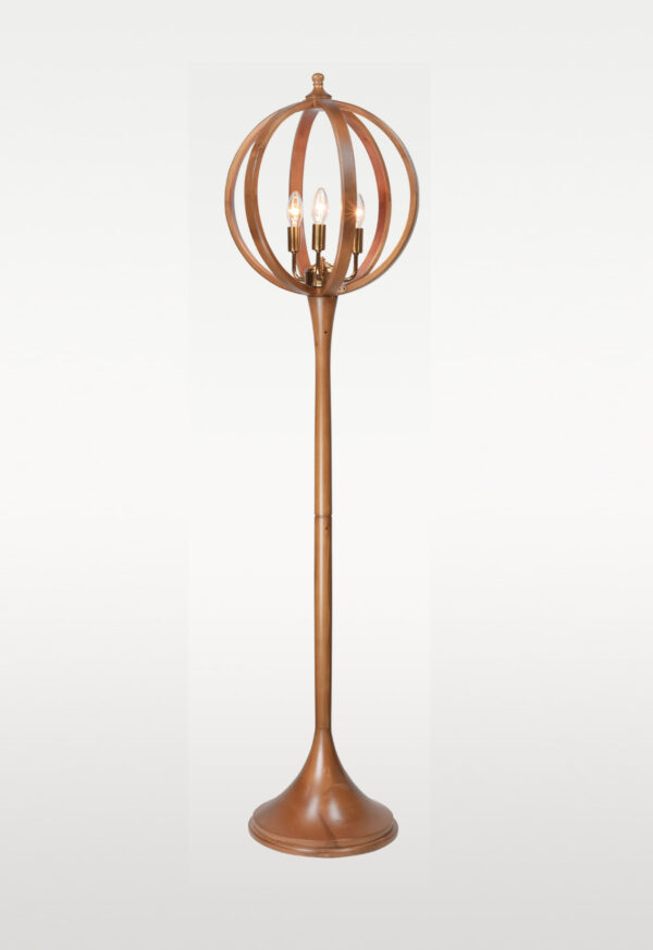 Wooden floor lamp model 607G with golden-finished candle-style holders, globe-shaped head, and trumpet base