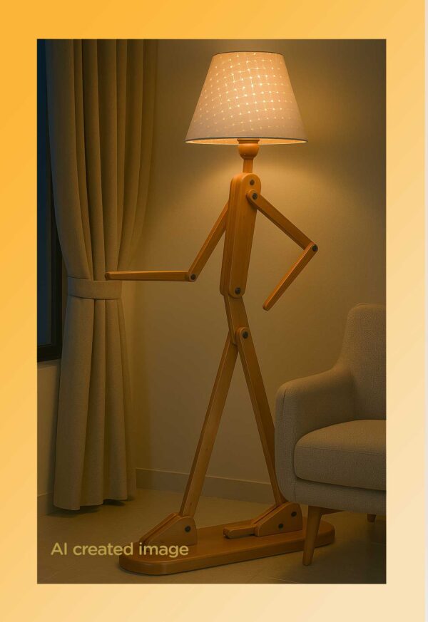 Wooden floor lamp model 608 designed as a humanoid figure with a lampshade head and a tray – artistic decorative floor lamp for creative interiors -light on