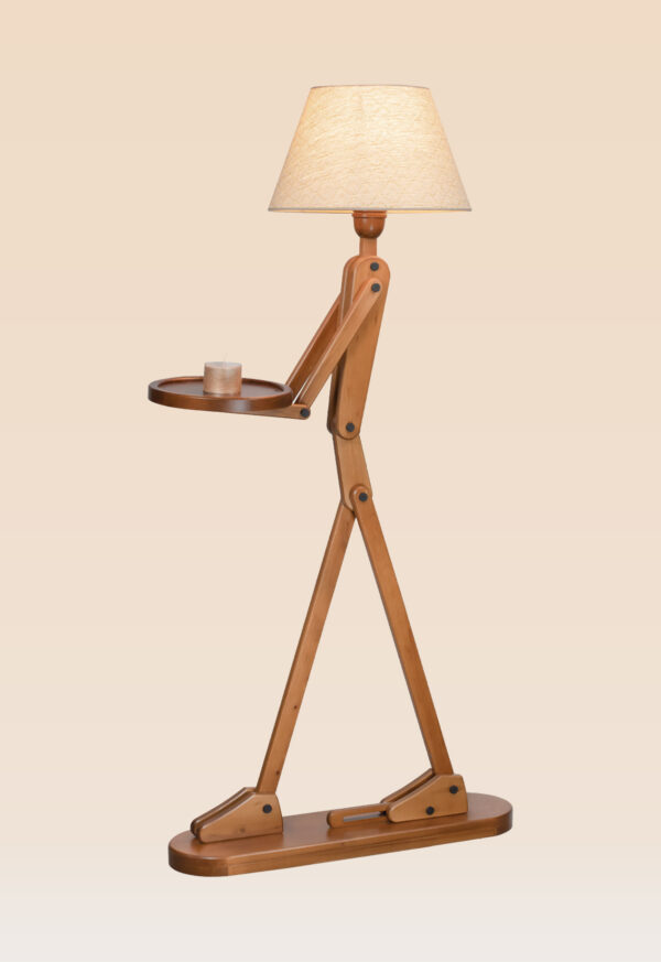 Wooden floor lamp model 608 designed as a humanoid figure with a lampshade head and a tray – artistic decorative floor lamp for creative interiors - with candle