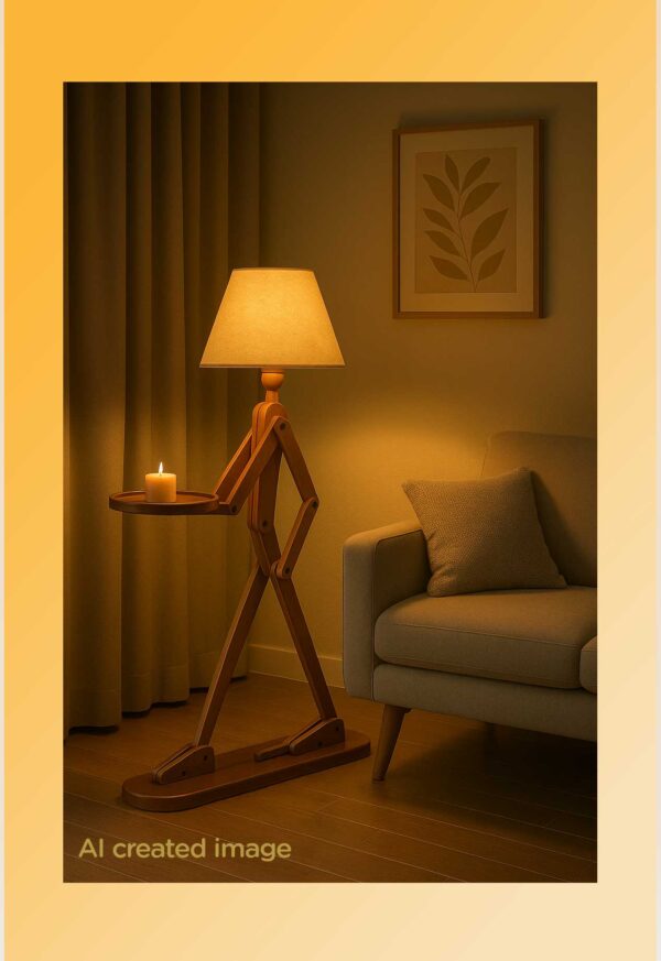 Wooden floor lamp model 608 designed as a humanoid figure with a lampshade head and a tray – artistic decorative floor lamp for creative interiors - with candle and light on