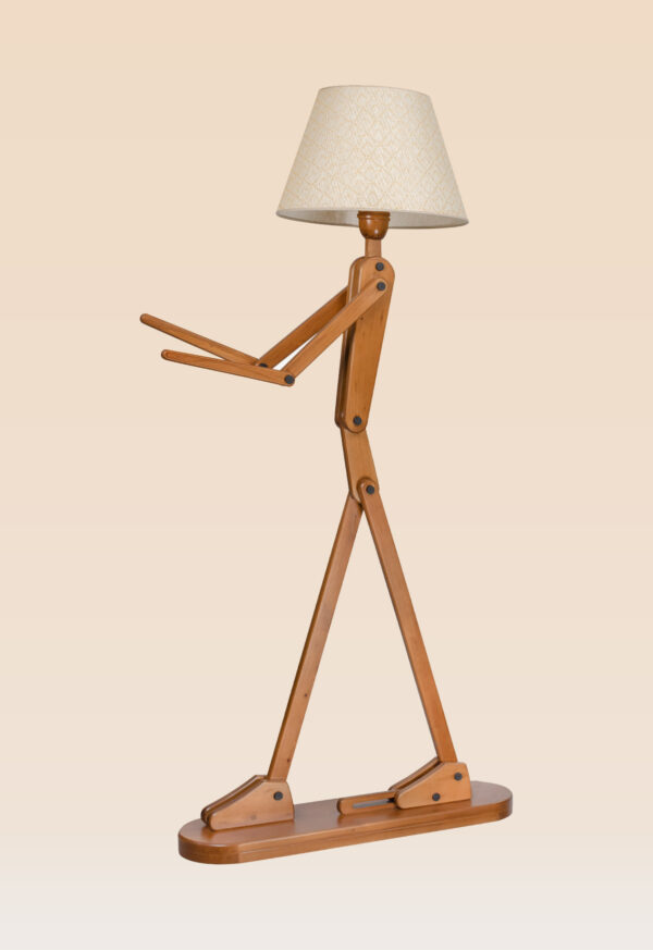 Wooden floor lamp model 608 designed as a humanoid figure with a lampshade head and a tray – artistic decorative floor lamp for creative interiors - walking