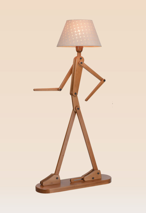 Wooden floor lamp model 608 designed as a humanoid figure with a lampshade head and a tray – artistic decorative floor lamp for creative interiors