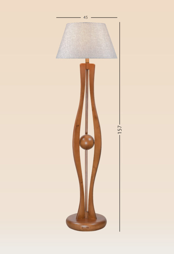 Wooden floor lamp model 609 with curved sculptural design, central sphere detail, and fabric lampshade – artistic decorative lighting for modern interiors - with size
