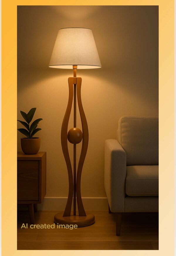 Wooden floor lamp model 609 with curved sculptural design, central sphere detail, and fabric lampshade – artistic decorative lighting for modern interiors - light on