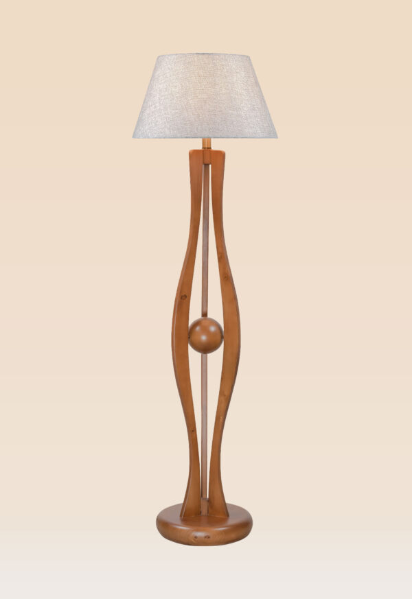 Wooden floor lamp model 609 with curved sculptural design, central sphere detail, and fabric lampshade – artistic decorative lighting for modern interiors