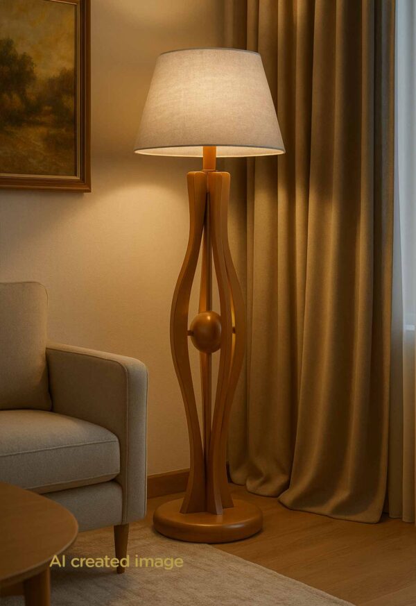 Wooden floor lamp model 610 with curved vertical slats, central wooden sphere, and fabric lampshade – artistic decorative lighting for modern interiors -light on
