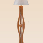 Wooden floor lamp model 610 with curved vertical slats, central wooden sphere, and fabric lampshade – artistic decorative lighting for modern interiors