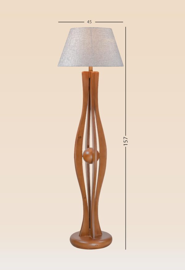 Wooden floor lamp model 610 with curved vertical slats, central wooden sphere, and fabric lampshade – artistic decorative lighting for modern interiors -with size