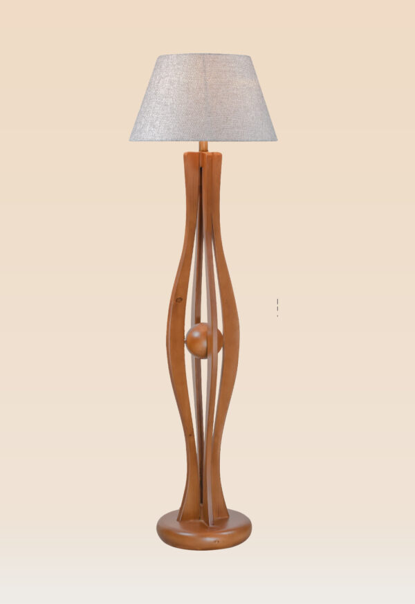 Wooden floor lamp model 610 with curved vertical slats, central wooden sphere, and fabric lampshade – artistic decorative lighting for modern interiors