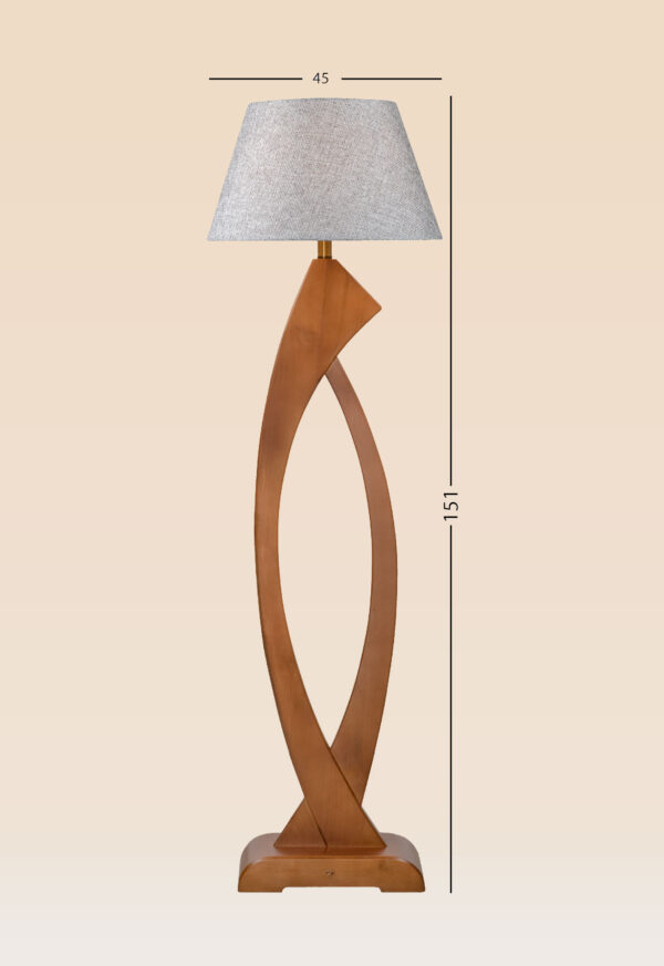 Wooden floor lamp model 611 with twisted sculptural base and wide fabric lampshade – modern decorative floor lamp for minimalist interiors- with size