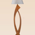 Wooden floor lamp model 611 with twisted sculptural base and wide fabric lampshade – modern decorative floor lamp for minimalist interiors